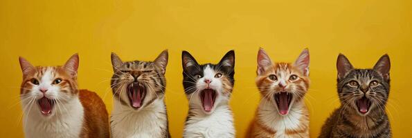 Portrait of different cat breeds displaying funny playful cat emotions photo