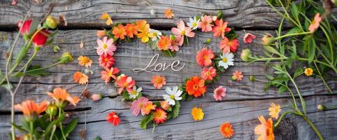 Flower collage that spells word Love with letters composed from different flowers photo