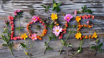 Flower collage that spells word Love with letters composed from different flowers photo