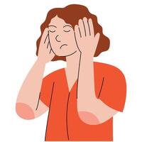 Woman clutching at head with both hands, suffering from headache, panic and depression.Healthcare and medicine. vector