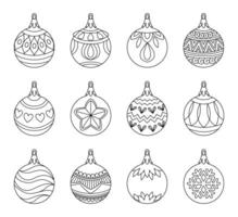 christmas ball doodle style set. Hand drawn black and white isolated globe decorative for christmas trees, new year and christmas bauble coloring page illustration vector