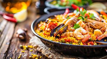 Authentic seafood paella senyoret on a wooden table photo