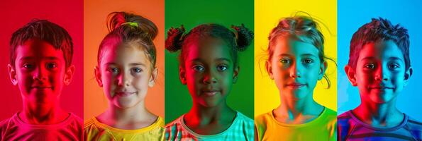 Collage portrait of smiling children looking at camera and displaying different human emotions photo