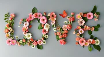 Flower collage that spells word Love with letters composed from different flowers photo