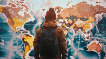 Concept of readiness for travel. Man standing in front of a world map photo