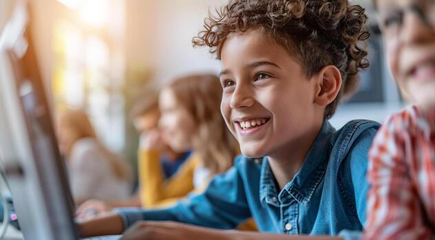 Happy child smiling and studying while doing homework at the computer photo