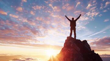 People standing on top of mountain at sunset with raised hands. Concept of achievement and teamwork photo