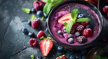 Flat lay view of acai bowl smoothie and Spirulina algae with berries. Healthy diet. photo