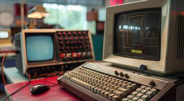 Very old computer keyboard and terminal photo
