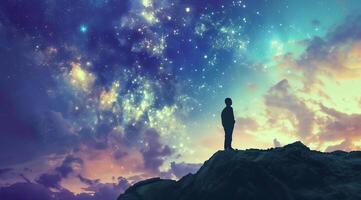 Person staring at night sky and universe at the top of the mountain. Concept of science and mystery photo
