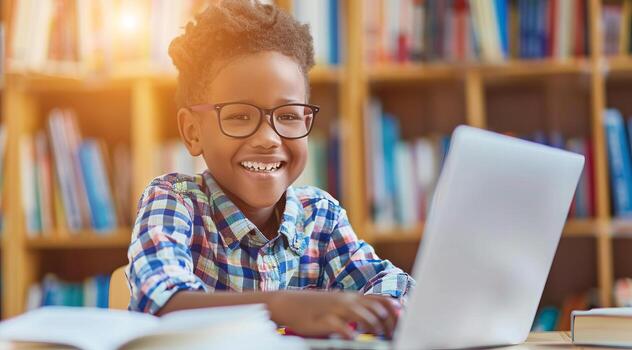Happy child smiling and studying while doing homework at the computer photo