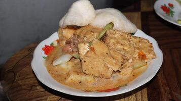 Lenthog Tanjung, a dish made from pieces of lontong, jackfruit, tempeh and tofu photo