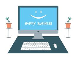 Mac computer monitor blank display screen with flower pot for happy business mode. Desktop, laptop, mac book mockup, pc, mouse, keyboard flat illustration vector