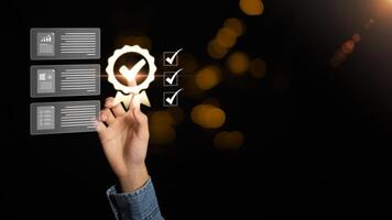 inspector makes mark on the survey topic ,Checklist with checkmarks and checkboxes ,checklist ideas, online quality assessment ,checkbox to conduct opinion and quality surveys or satisfaction photo