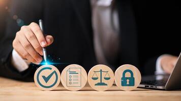 Accountant showing office document auditing concept ,checkboxes Concepts of practices and policies ,company articles of association Terms and Conditions.,plan review process and assess correctness photo
