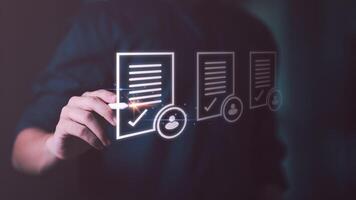 inspector makes mark on the survey topic ,Checklist with checkmarks and checkboxes ,checklist ideas, online quality assessment ,checkbox to conduct opinion and quality surveys or satisfaction photo