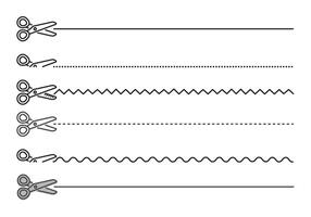 Scissors and cutting lines set, cut line across the paper page, black editable stroke, simple monochrome illustration collection vector