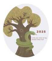 2025 year symbol, green snake wraps around a tree, color illustration with optimistic text vector