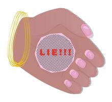 The symbol of lie, closed palm, fake news sign, color and halftone retro pop art, trendy y2k symbol of deception, retro sticker with newspaper effect, 90s grunge vintage illustration vector