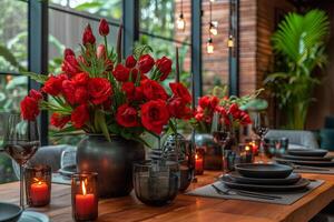 Serving and decorating a romantic dinner with red roses for a couple in love on Valentine's Day photo