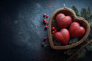 Red hearts and fir branches on dark gray background with copy space. Valentine's Day card photo