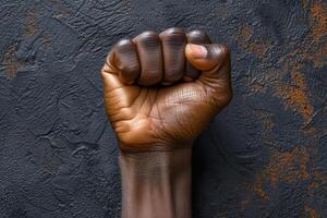 Raised fist of an African American black man in the background. Unity, solidarity, protest. Concept of black history month photo