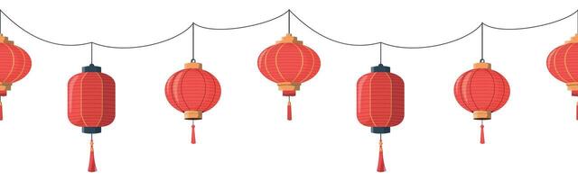 Chinese paper lanterns border seamless pattern. Lunar New Year horizontal banner design, spring festival holiday symbols. Isolated on white background vector