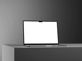 Realistic laptop mockup with blank screen on elegant grey black background photo