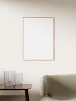 Empty framed canvas for mockups and art illustrations on interior background photo