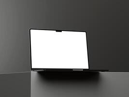 Realistic laptop mockup with blank screen on elegant grey black background photo