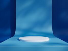 Blue podium mockup. 3d display stand, platform, pedestal, stage or scene with leaves shadows background. Studio, showroom or showcase cylinder podium, product presentation stand photo