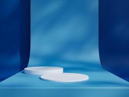 Blue podium mockup. 3d display stand, platform, pedestal, stage or scene with leaves shadows background. Studio, showroom or showcase cylinder podium, product presentation stand photo