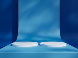 Blue podium mockup. 3d display stand, platform, pedestal, stage or scene with leaves shadows background. Studio, showroom or showcase cylinder podium, product presentation stand photo