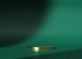 3d display product minimal scene with geometric gold podium platform. cylinder background 3d rendering with podium. stand for cosmetic products. Stage showcase on pedestal 3d green studio photo