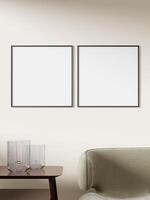 Empty framed canvas for mockups and art illustrations on interior background photo