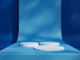 Blue podium mockup. 3d display stand, platform, pedestal, stage or scene with leaves shadows background. Studio, showroom or showcase cylinder podium, product presentation stand photo