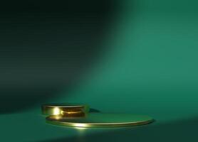 3d display product minimal scene with geometric gold podium platform. cylinder background 3d rendering with podium. stand for cosmetic products. Stage showcase on pedestal 3d green studio photo