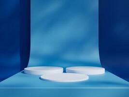Blue podium mockup. 3d display stand, platform, pedestal, stage or scene with leaves shadows background. Studio, showroom or showcase cylinder podium, product presentation stand photo