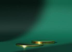 3d display product minimal scene with geometric gold podium platform. cylinder background 3d rendering with podium. stand for cosmetic products. Stage showcase on pedestal 3d green studio photo