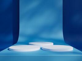 Blue podium mockup. 3d display stand, platform, pedestal, stage or scene with leaves shadows background. Studio, showroom or showcase cylinder podium, product presentation stand photo