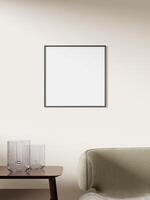 Empty framed canvas for mockups and art illustrations on interior background photo