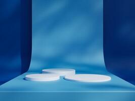 Blue podium mockup. 3d display stand, platform, pedestal, stage or scene with leaves shadows background. Studio, showroom or showcase cylinder podium, product presentation stand photo