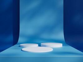 Blue podium mockup. 3d display stand, platform, pedestal, stage or scene with leaves shadows background. Studio, showroom or showcase cylinder podium, product presentation stand photo
