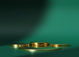 3d display product minimal scene with geometric gold podium platform. cylinder background 3d rendering with podium. stand for cosmetic products. Stage showcase on pedestal 3d green studio photo