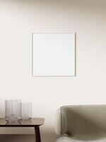 Empty framed canvas for mockups and art illustrations on interior background photo