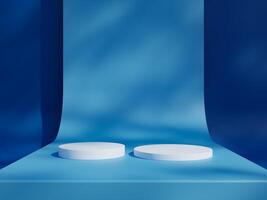 Blue podium mockup. 3d display stand, platform, pedestal, stage or scene with leaves shadows background. Studio, showroom or showcase cylinder podium, product presentation stand photo