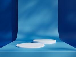 Blue podium mockup. 3d display stand, platform, pedestal, stage or scene with leaves shadows background. Studio, showroom or showcase cylinder podium, product presentation stand photo