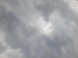 a cloudy sky with varying shades of gray, indicating an overcast day. The clouds are dense and layered, creating a moody and dramatic atmosphere, typical of an impending rainstorm or gloomy weather. photo
