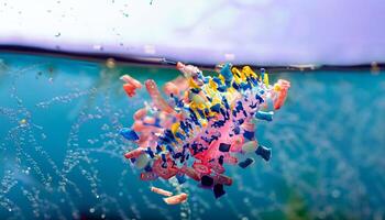 macro photo of microplastic floating in the ocean