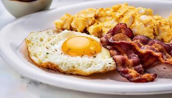 macro shot of fried bacon and scrambled eggs on a plate on a white marble serving table photo